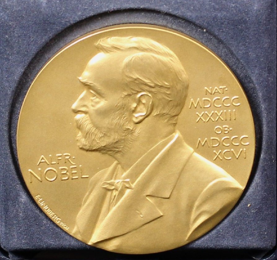 Gold coloured medallion with bearded man's face and shoulders in profile (Alfred Nobel).