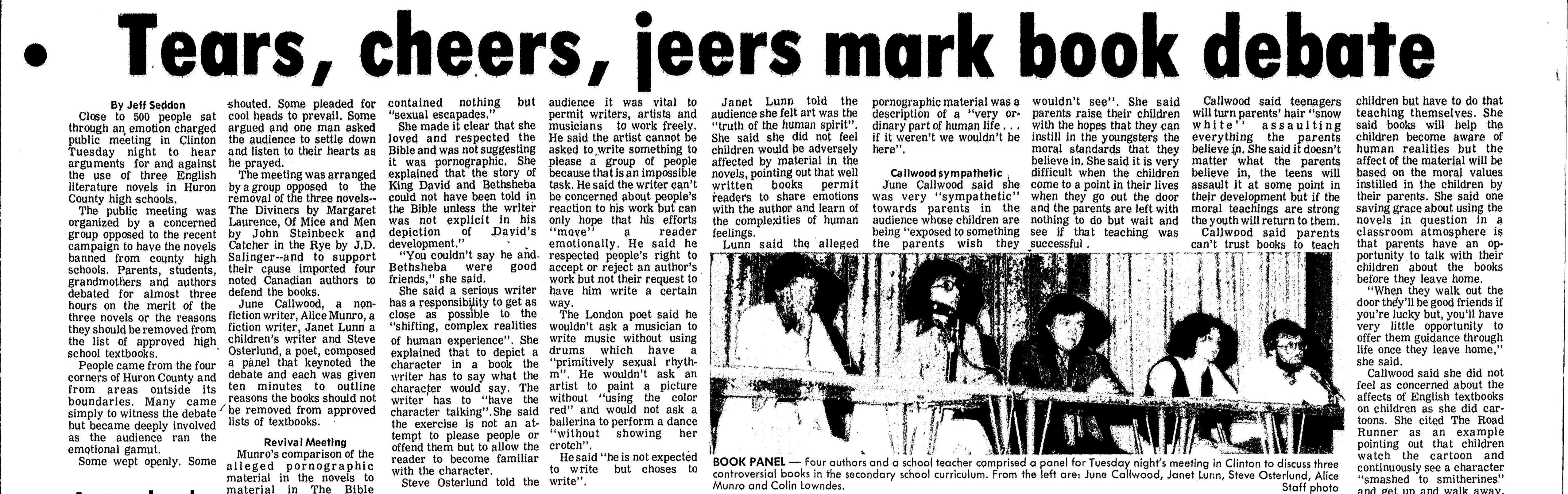 Newspaper clipping headlined "Tears, cheers, jeers mark book debate" Includes rectangular black and white photo in the bottom left with five figures sitting at a table.