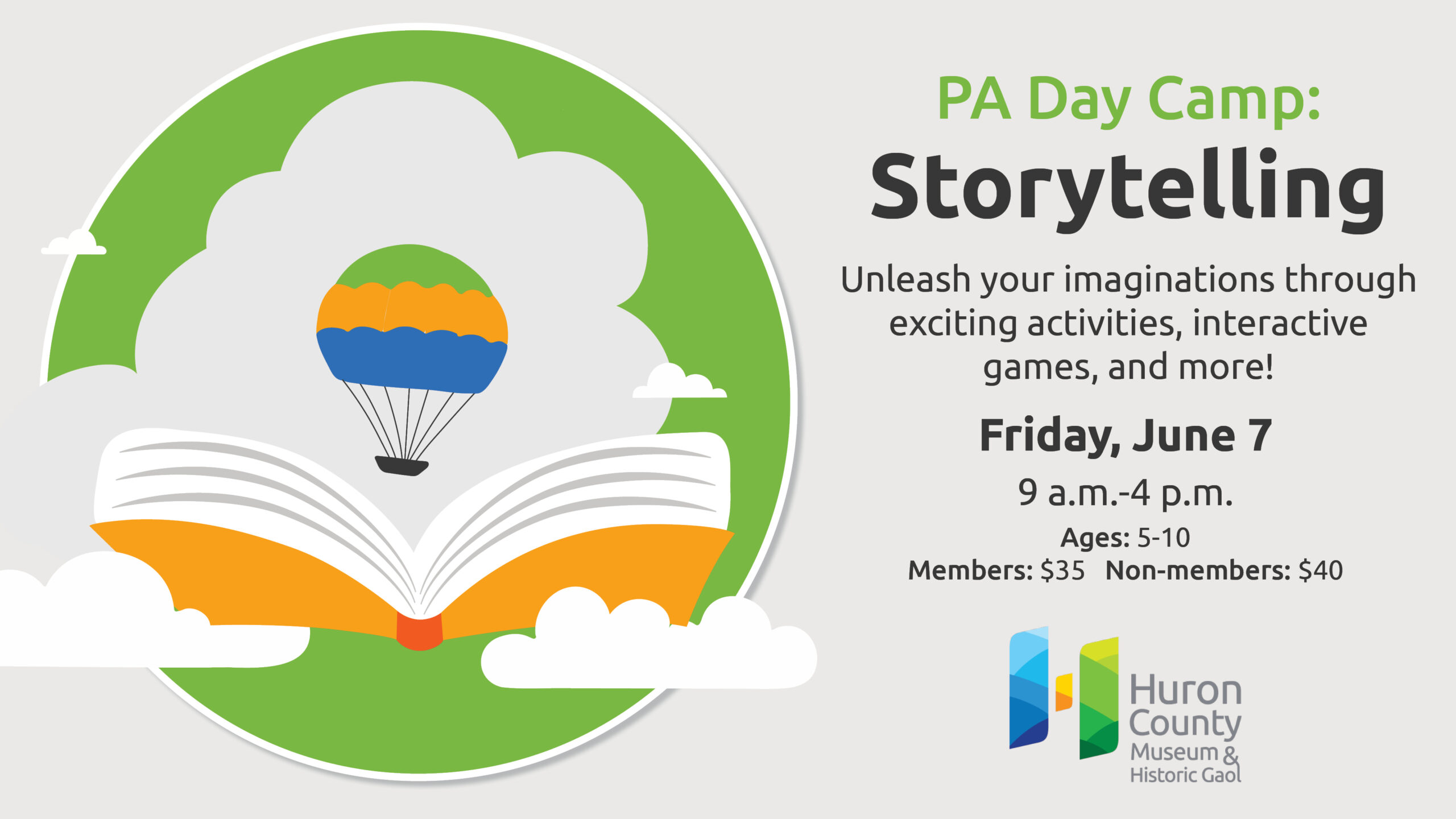 Illustration of an open book with clouds and hot air balloon coming out of the book. Text promotes Storytelling day camp