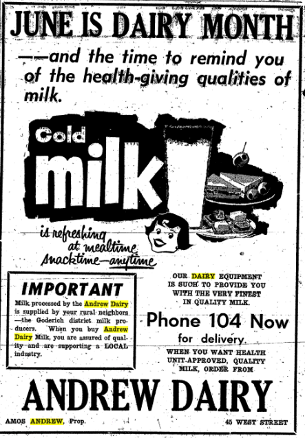 Black and white clipping of a newspaper ad. "June is Dairy Month" image of glass of milk, plate of food and cartoon girl's face.