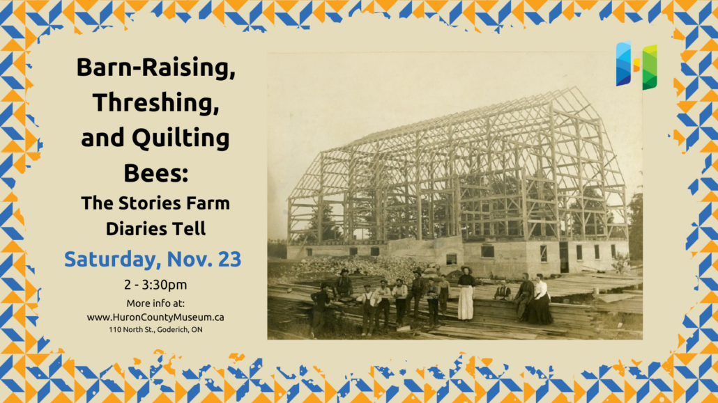 Photo of a barn being raised with text promoting workshop