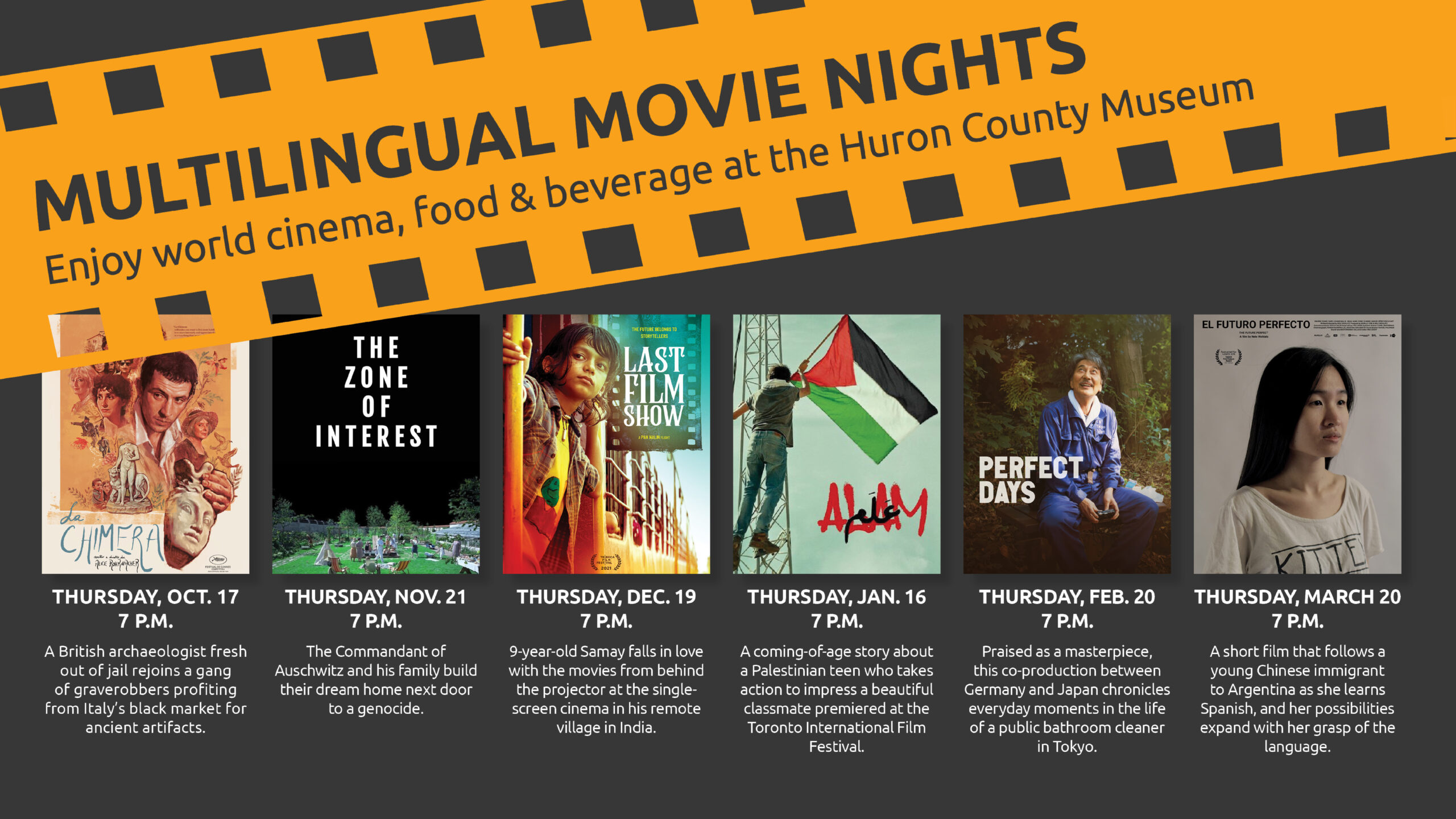 Images of movie posters with text promoting Multilingual Movie Nights at the Museum