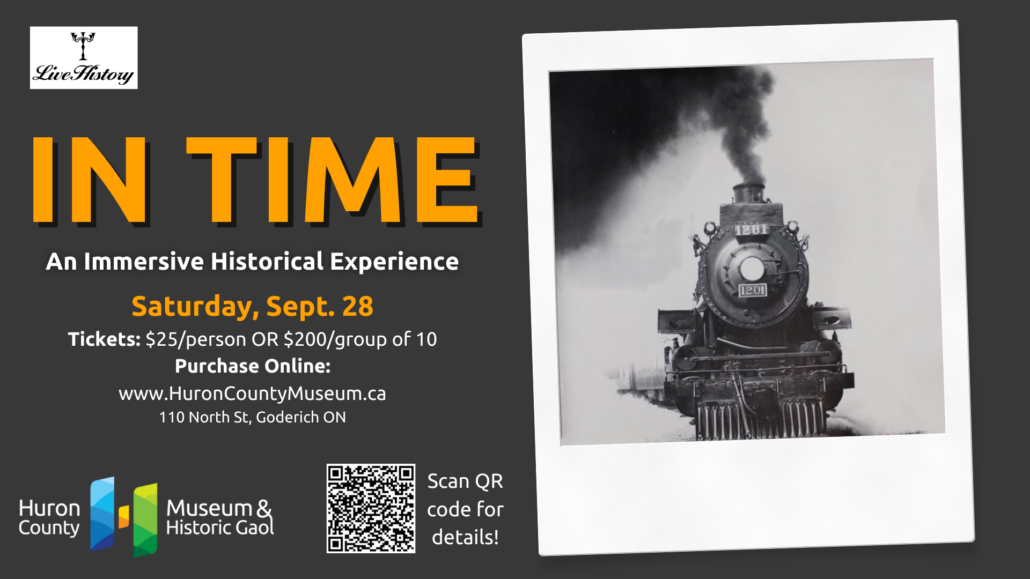 Black and white photo of a train with text promoting In Time: An Immersive Historical Experience