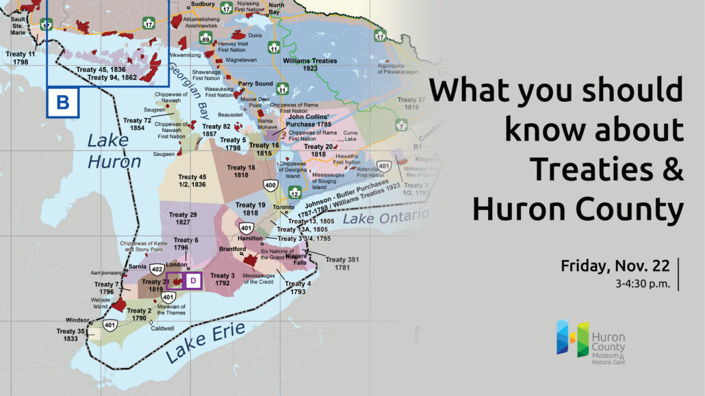 Map showing treaties in Ontario with text promoting workshop at the Museum