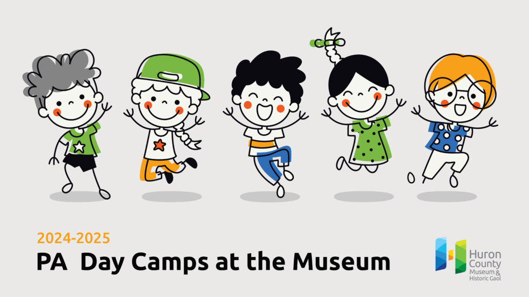 Illustration of five kids jumping up and having fun with text promoting PA day camps at the museum