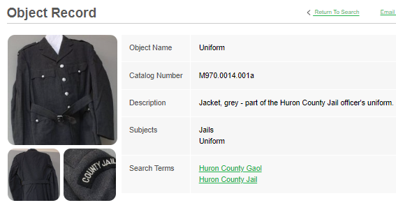 Screenshot of search results. Three Images of a jail uniform, including "County Jail" text on shoulder. Text identifies as "Jacket, grey - part of the Huron County Jail officer's uniform".